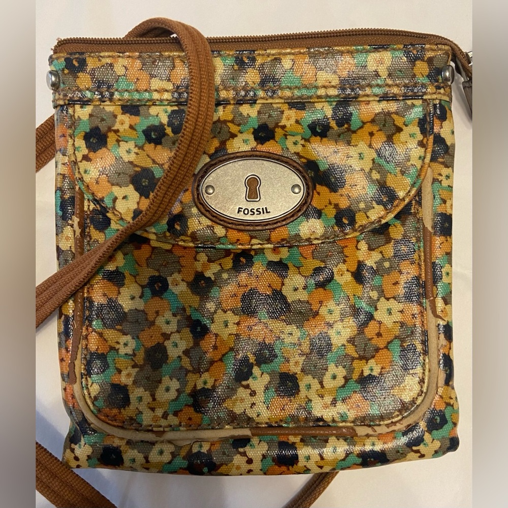 Vintage Fossil Key Per Retro Poppies Floral Coated Canvas Shoulder Crossbody Bag